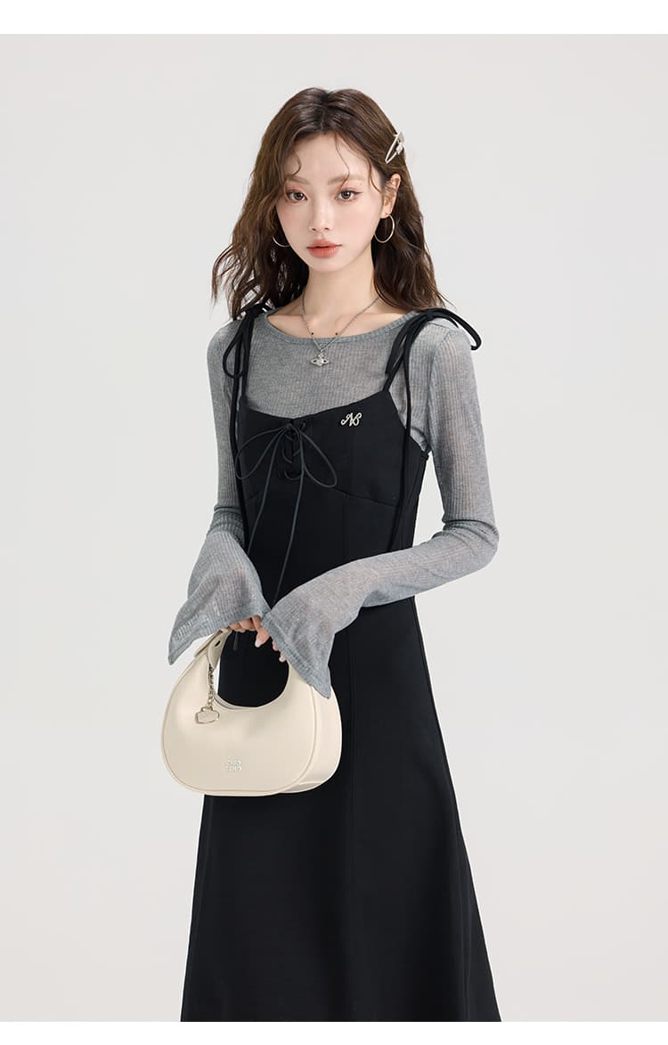 レースアップキャミワンピース＆シアーリブニットトップスセット｜デート服