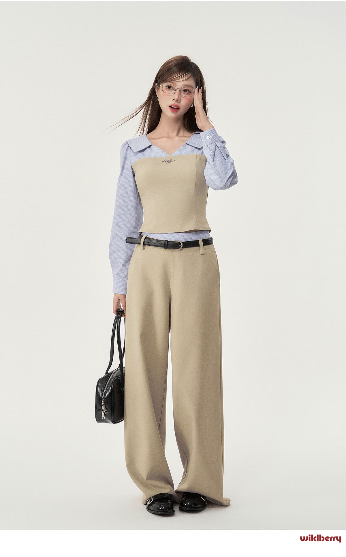 レイヤード風ドッキングトップス×ワイドパンツ セットアップ｜デート服