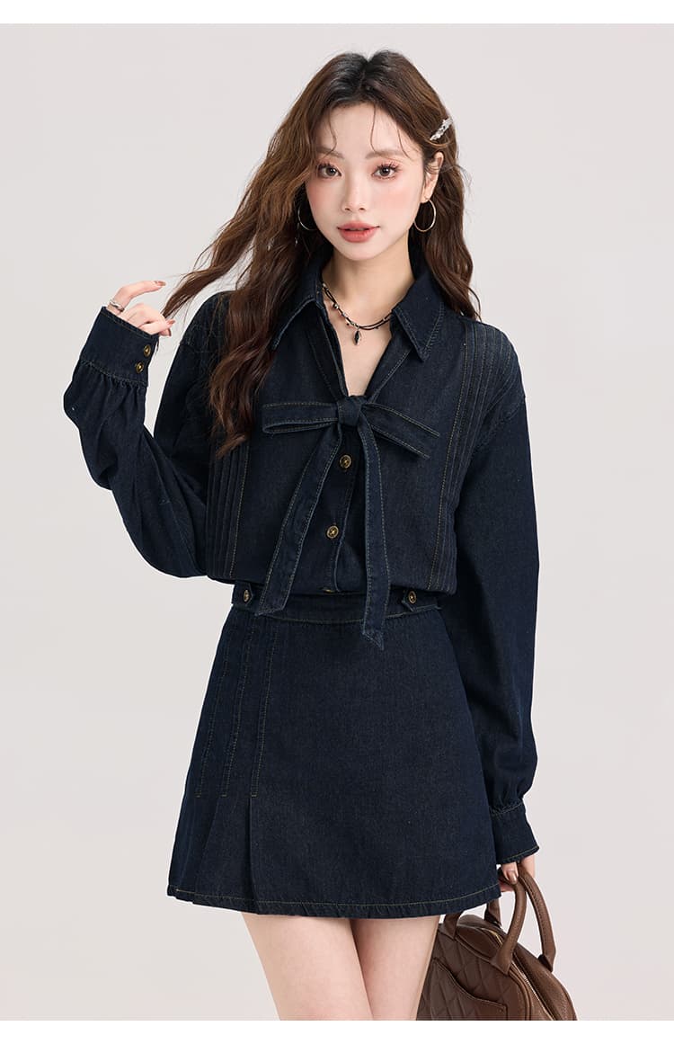 1着で好印象も着回し力も叶う、リボンタイデニムセットアップ｜デート服
