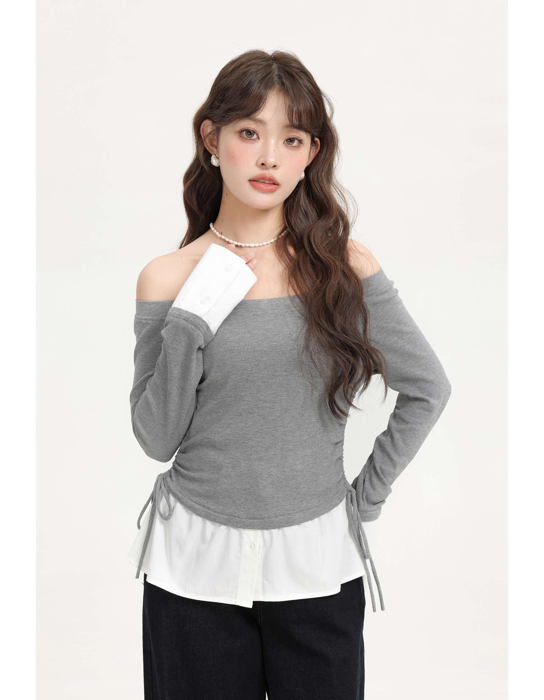 オフショルダードッキングリボントップス｜デート服