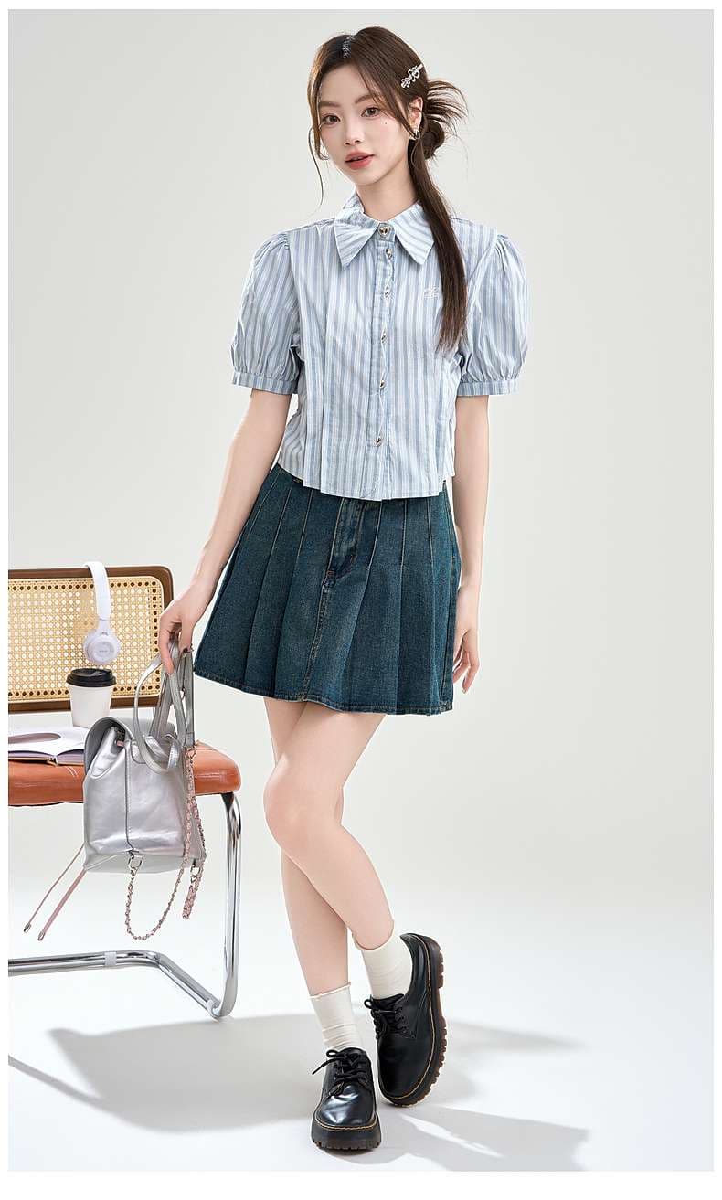 ふんわり袖のストライプシャツ｜デート服