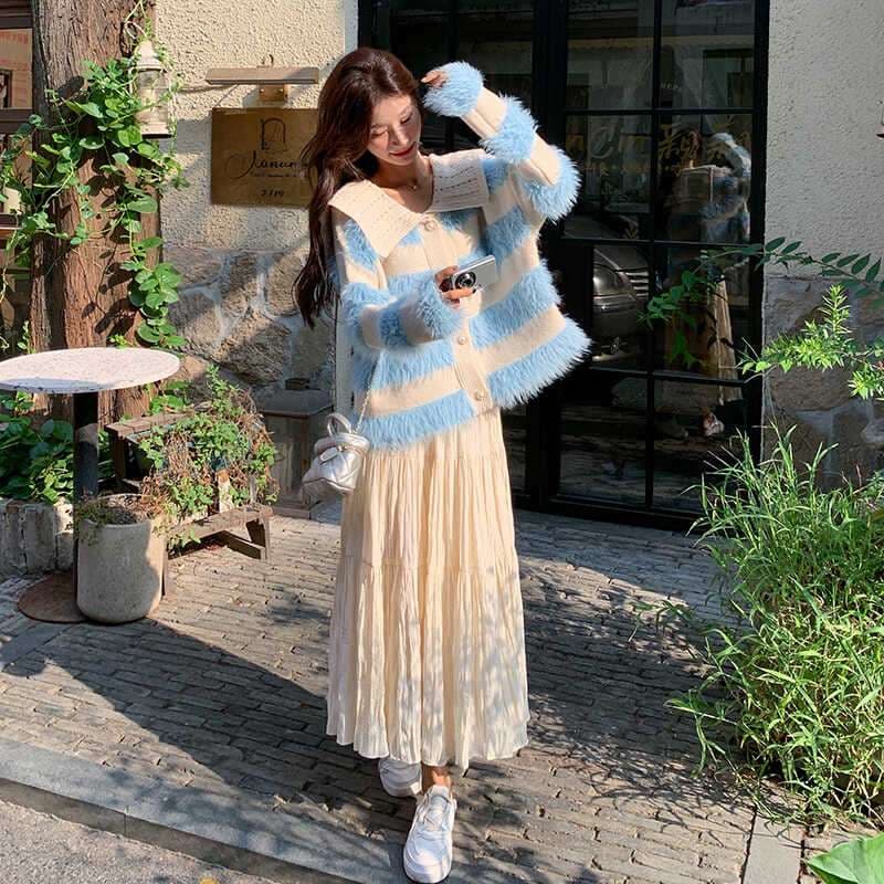 ボーダーカーディガン＋スカート 2点セット｜デート服