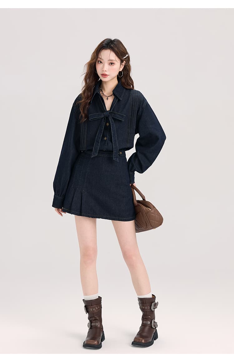 1着で好印象も着回し力も叶う、リボンタイデニムセットアップ｜デート服