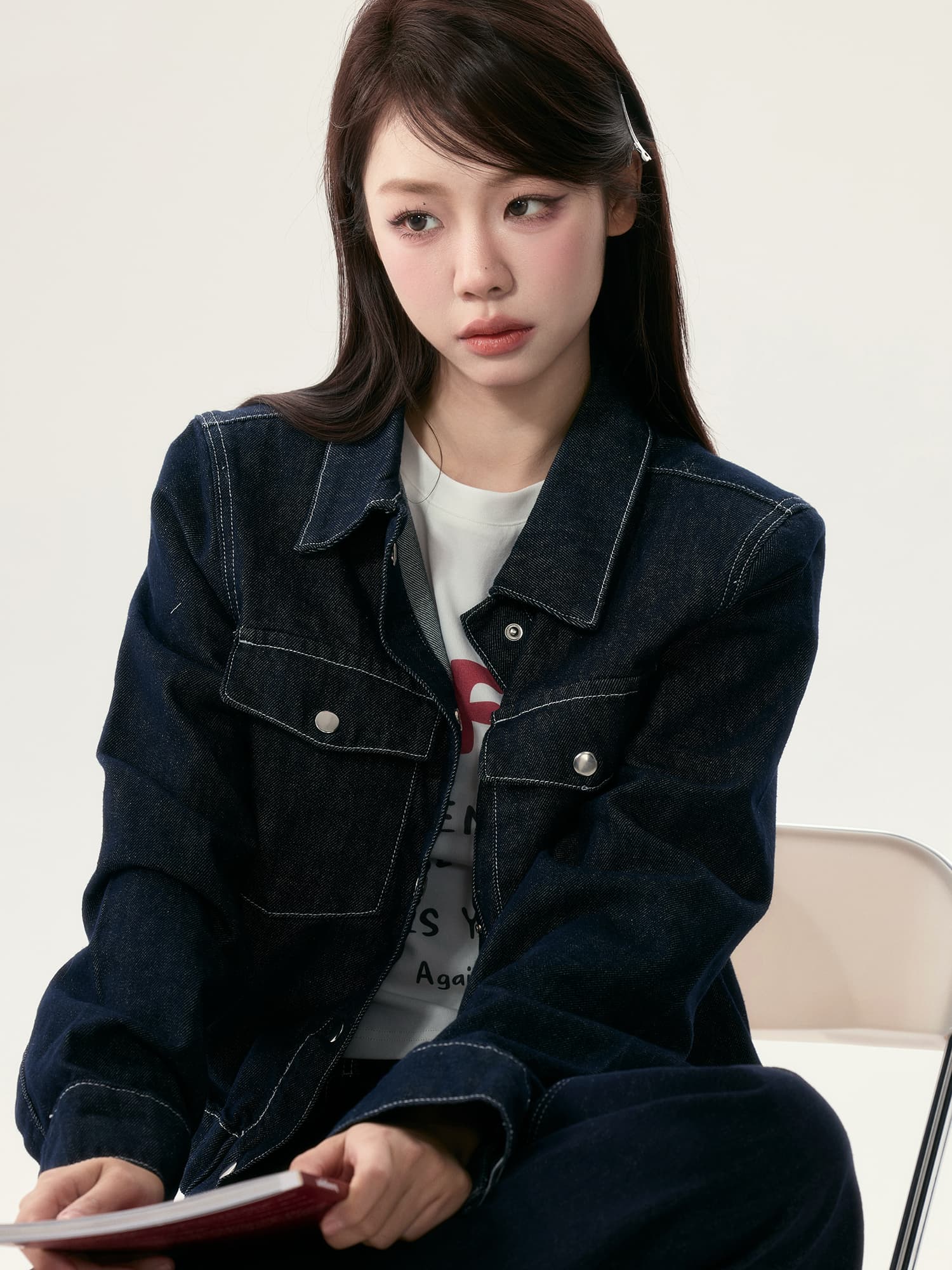 ステッチデニムジャケット×ワイドパンツ セットアップ風コーデ｜デート服