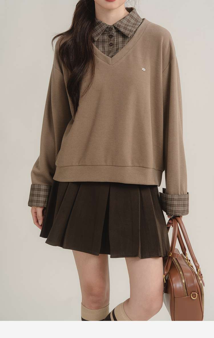 レイヤード風チェックシャツ付きトップス｜デート服