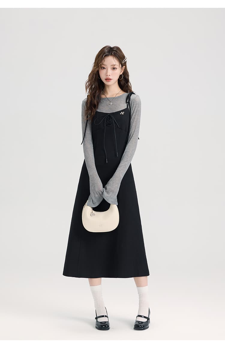 レースアップキャミワンピース＆シアーリブニットトップスセット｜デート服