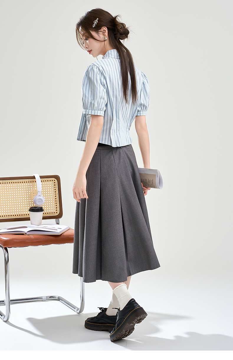 ふんわり袖のストライプシャツ｜デート服