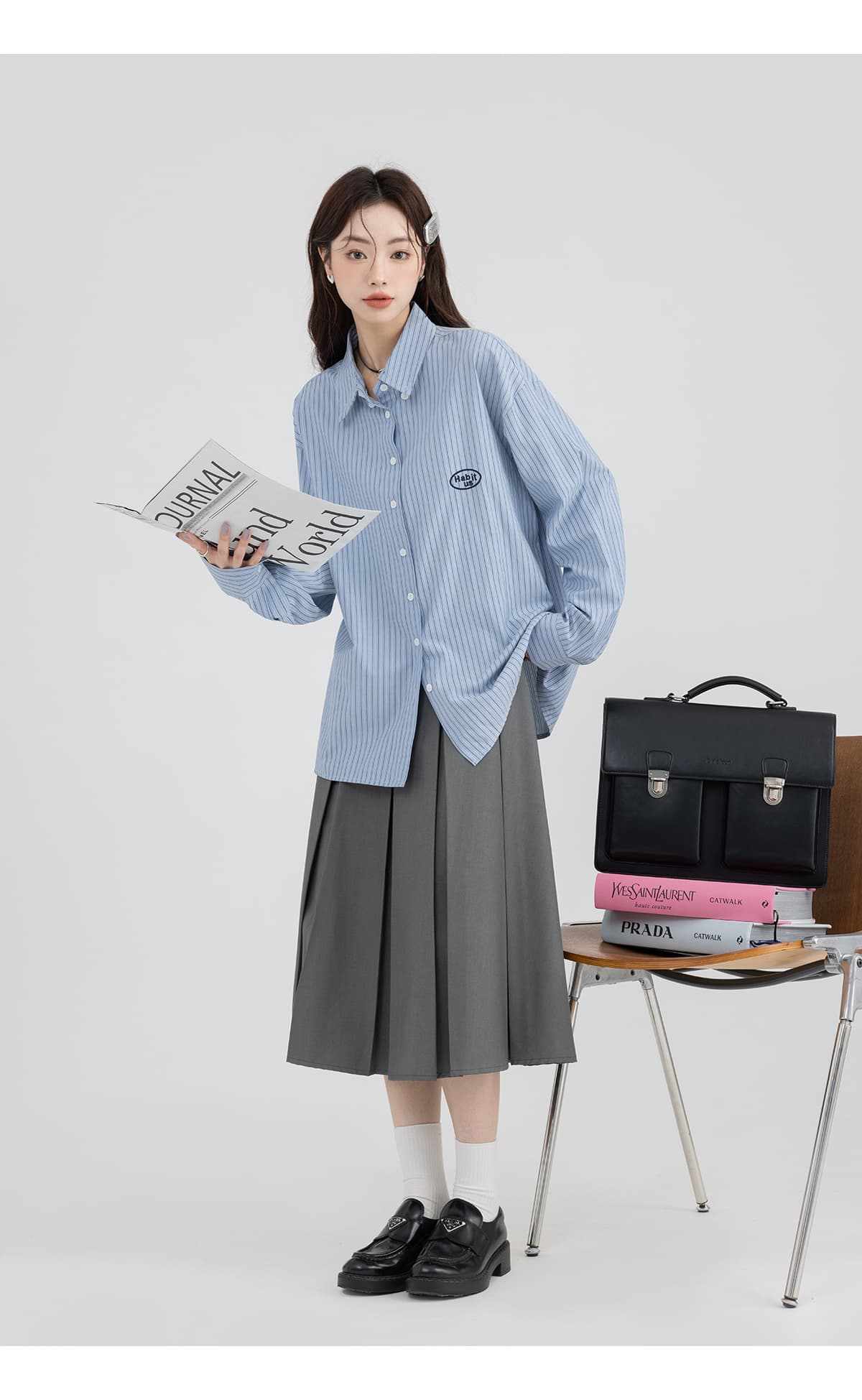 重ね着でこなれ見え！フリンジベスト＋ストライプシャツ＋プリーツスカート｜デート服