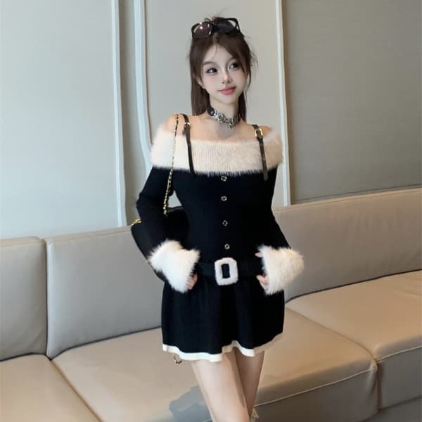 デート服 ふわふわファー付き配色ニットミニワンピース冬のデート