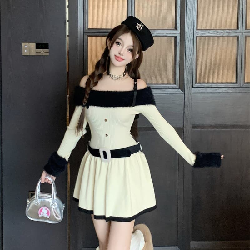 デート服 ふわふわファー付き配色ニットミニワンピース冬のデート