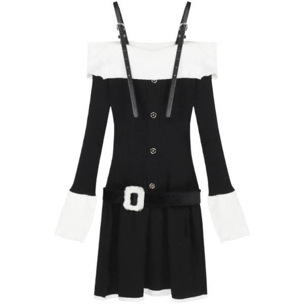 デート服 ふわふわファー付き配色ニットミニワンピース冬のデート