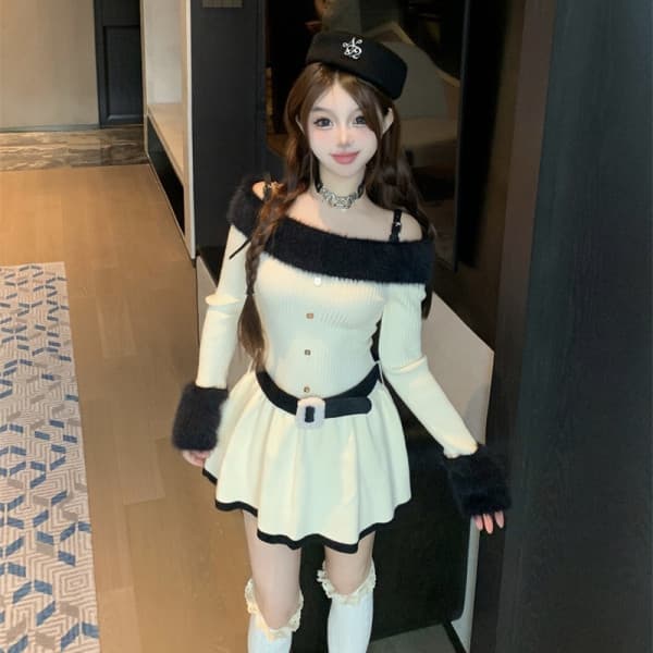 デート服 ふわふわファー付き配色ニットミニワンピース冬のデート