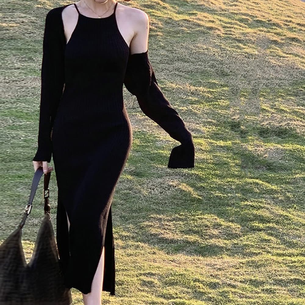 デート服 大人色気 ホルターネックニットワンピース セット