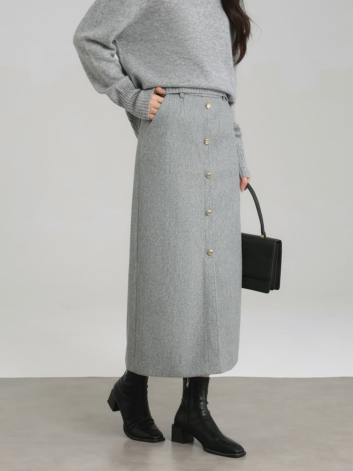 フロントボタンIラインミディスカート|デート服
