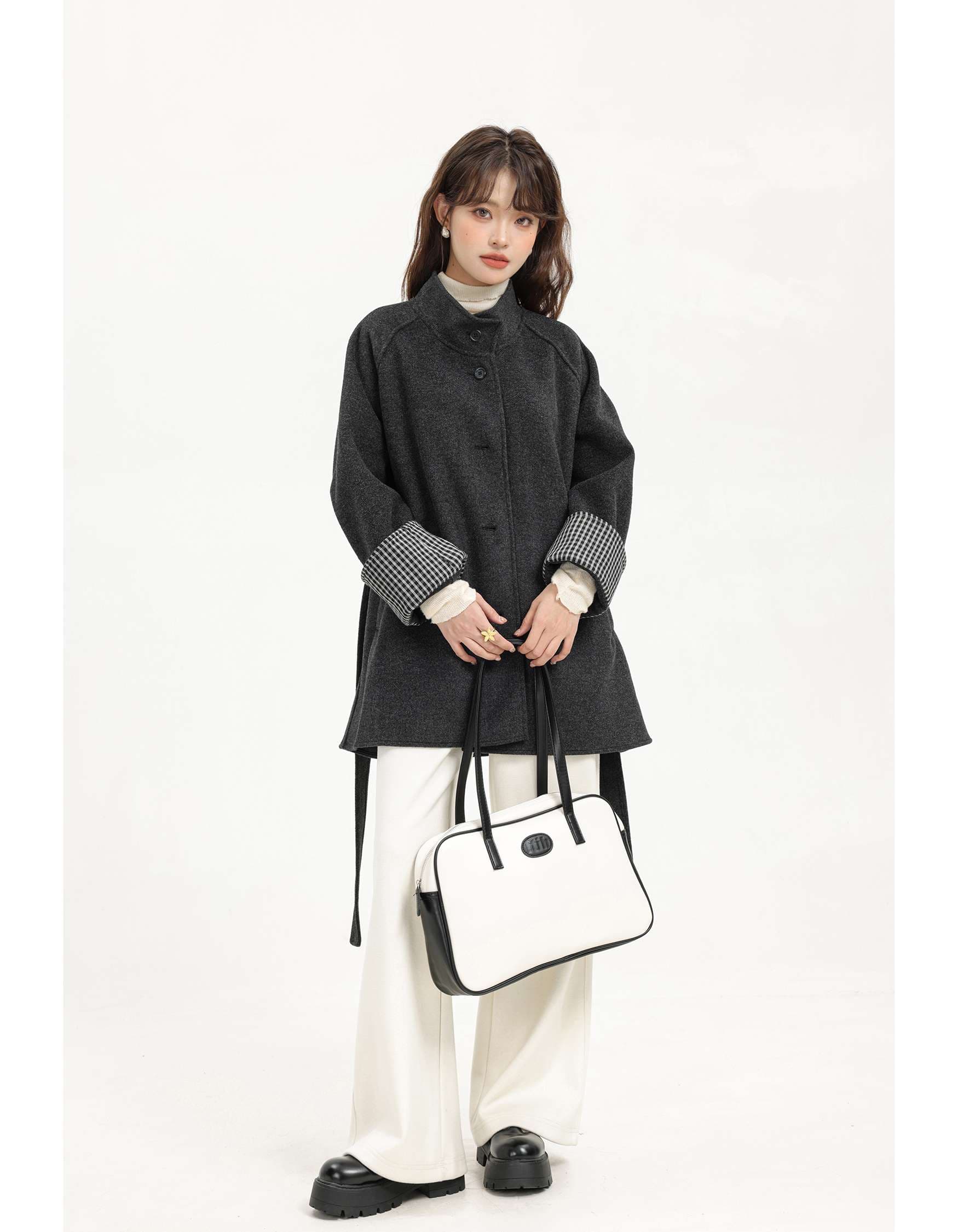 スタンドカラーベルト付きショートコート|デート服