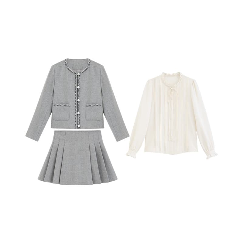 クラシカルツイードジャケット&フリルブラウス&プリーツスカートセット|デート服