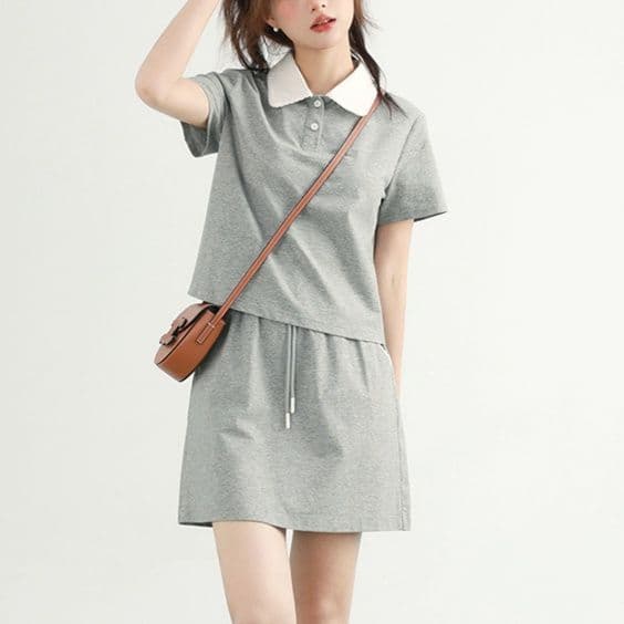 配色襟付きポロセットアップ|デート服