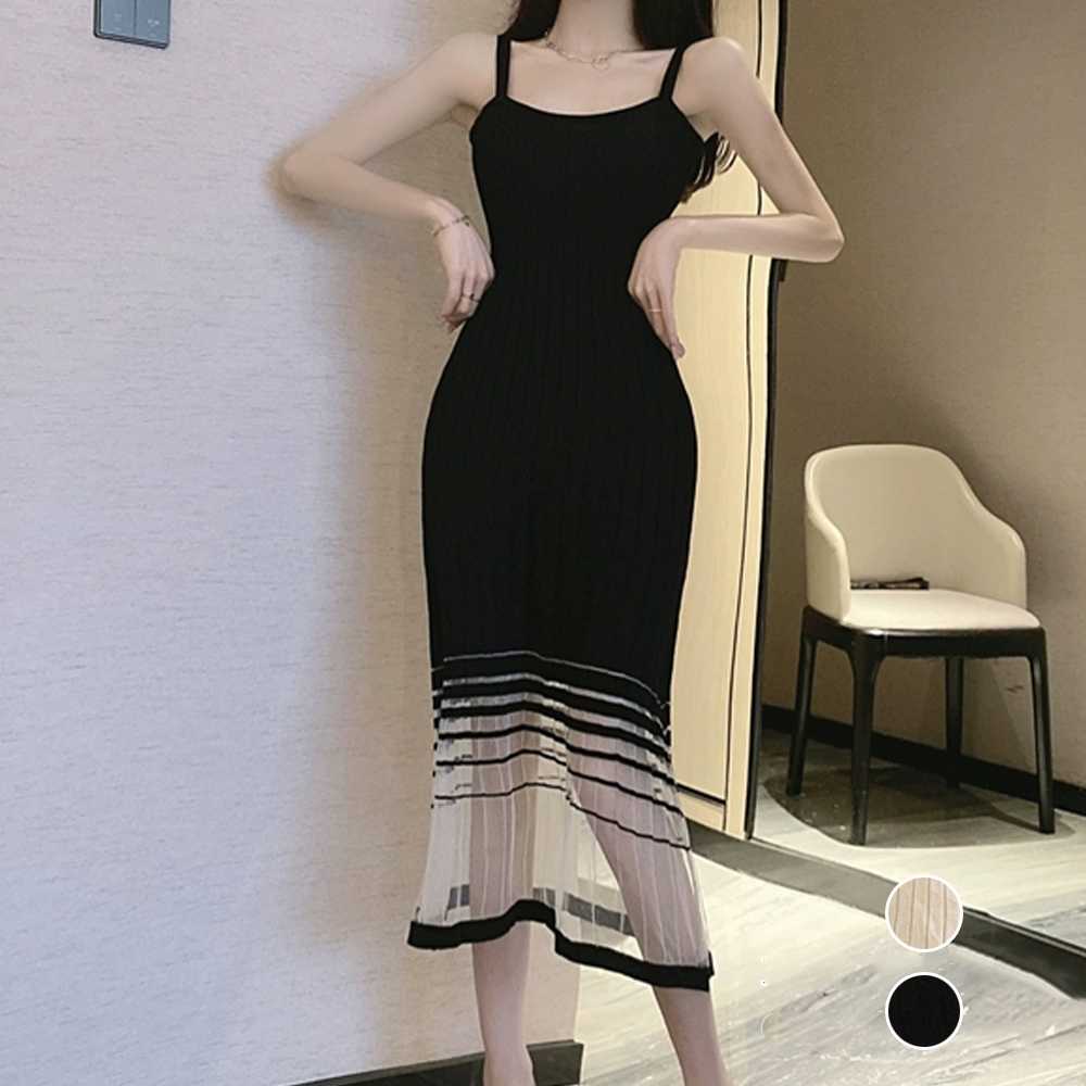 デート服 裾シースルー キャミニットワンピース 夏