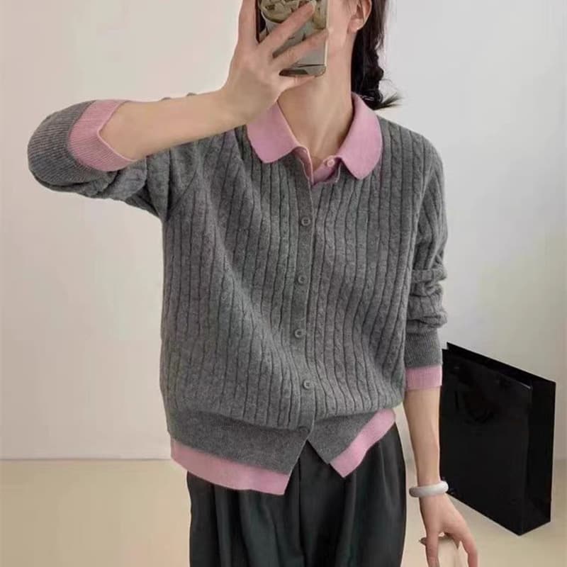 デート服おうちデート襟付きケーブル編みニットセーター重ね着風