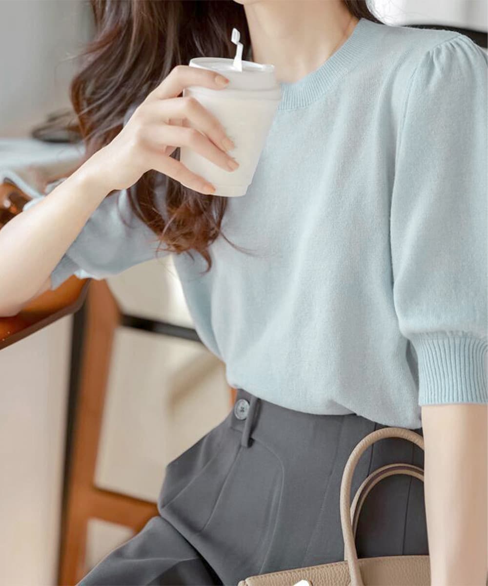 デート服 夏のデート用 パフスリーブサマーニット