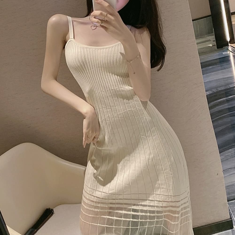 デート服 裾シースルー キャミニットワンピース 夏