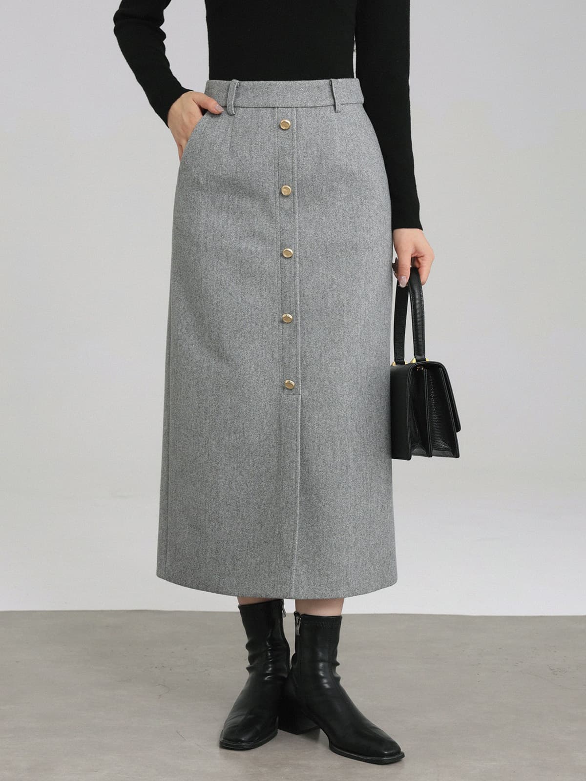 フロントボタンIラインミディスカート|デート服