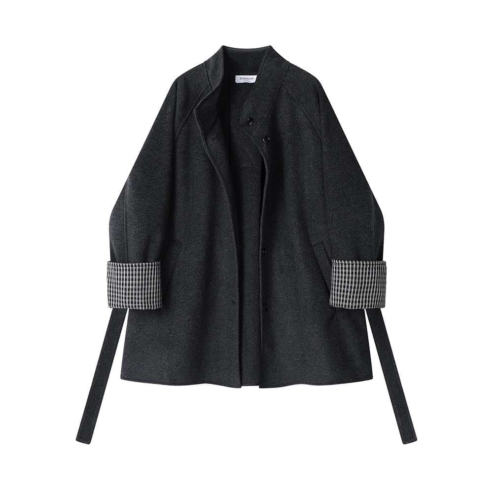 スタンドカラーベルト付きショートコート|デート服