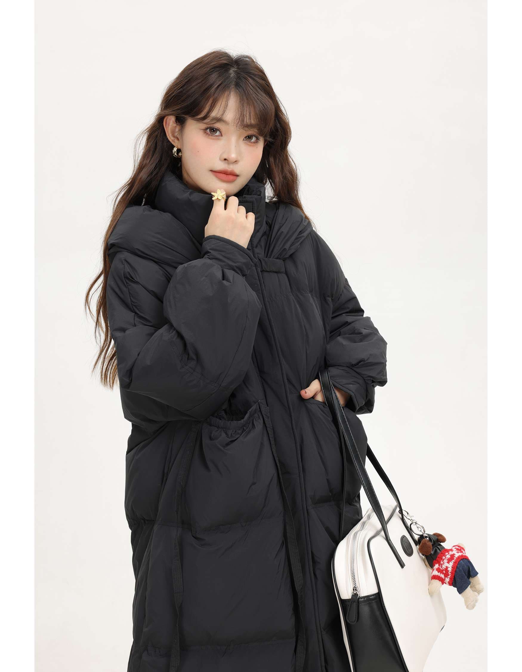 ウエストリボン付きロングダウンコート|デート服