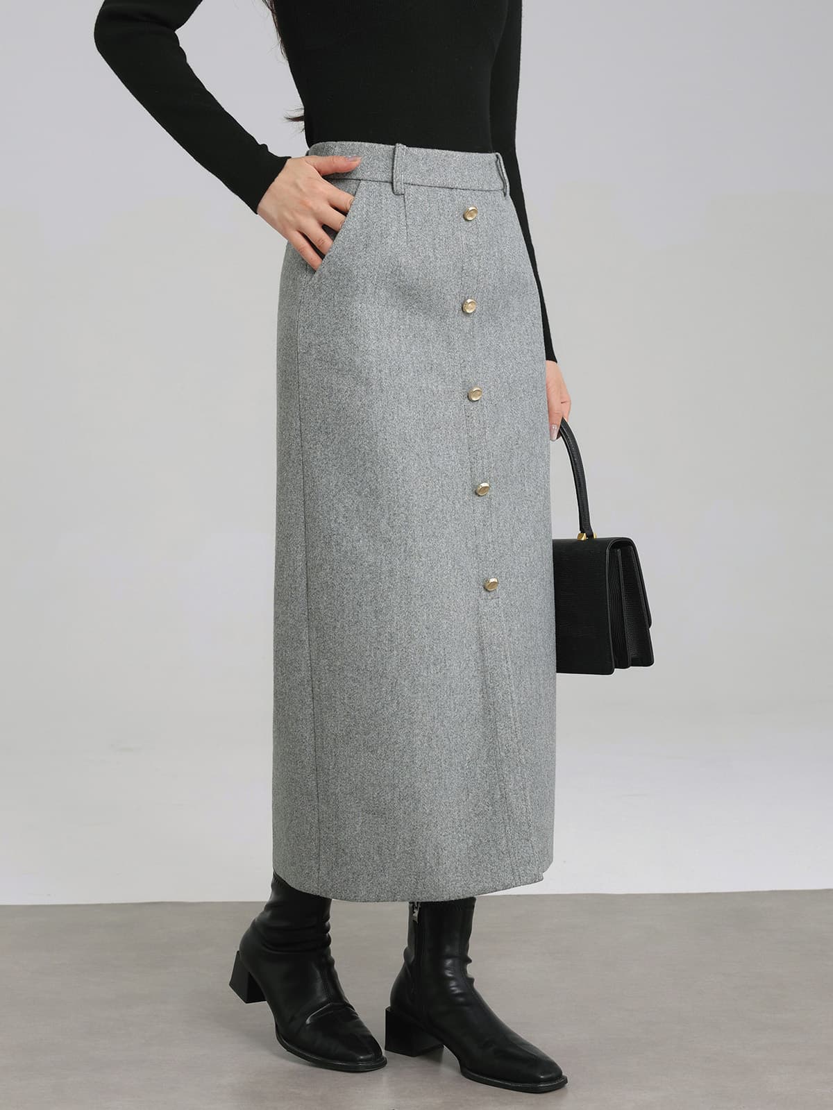 フロントボタンIラインミディスカート|デート服