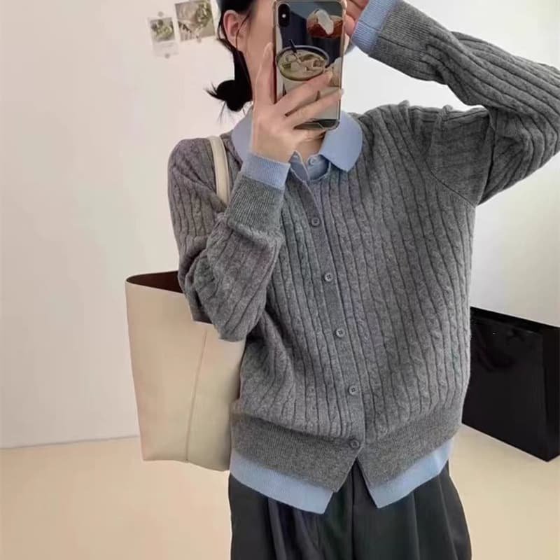 デート服おうちデート襟付きケーブル編みニットセーター重ね着風