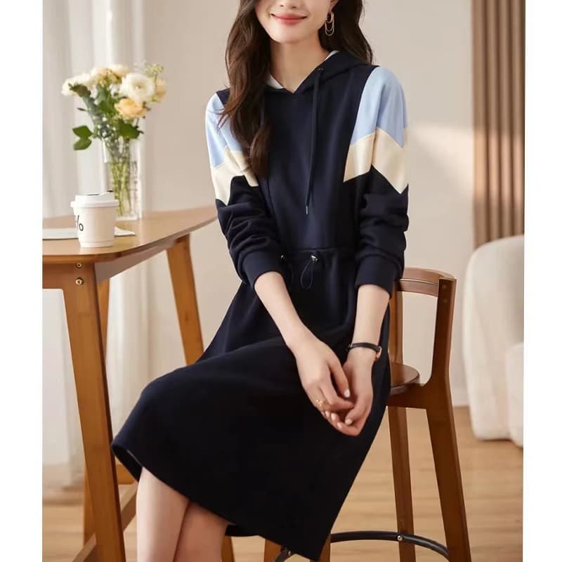 カラーブロックフーディーワンピース|デート服