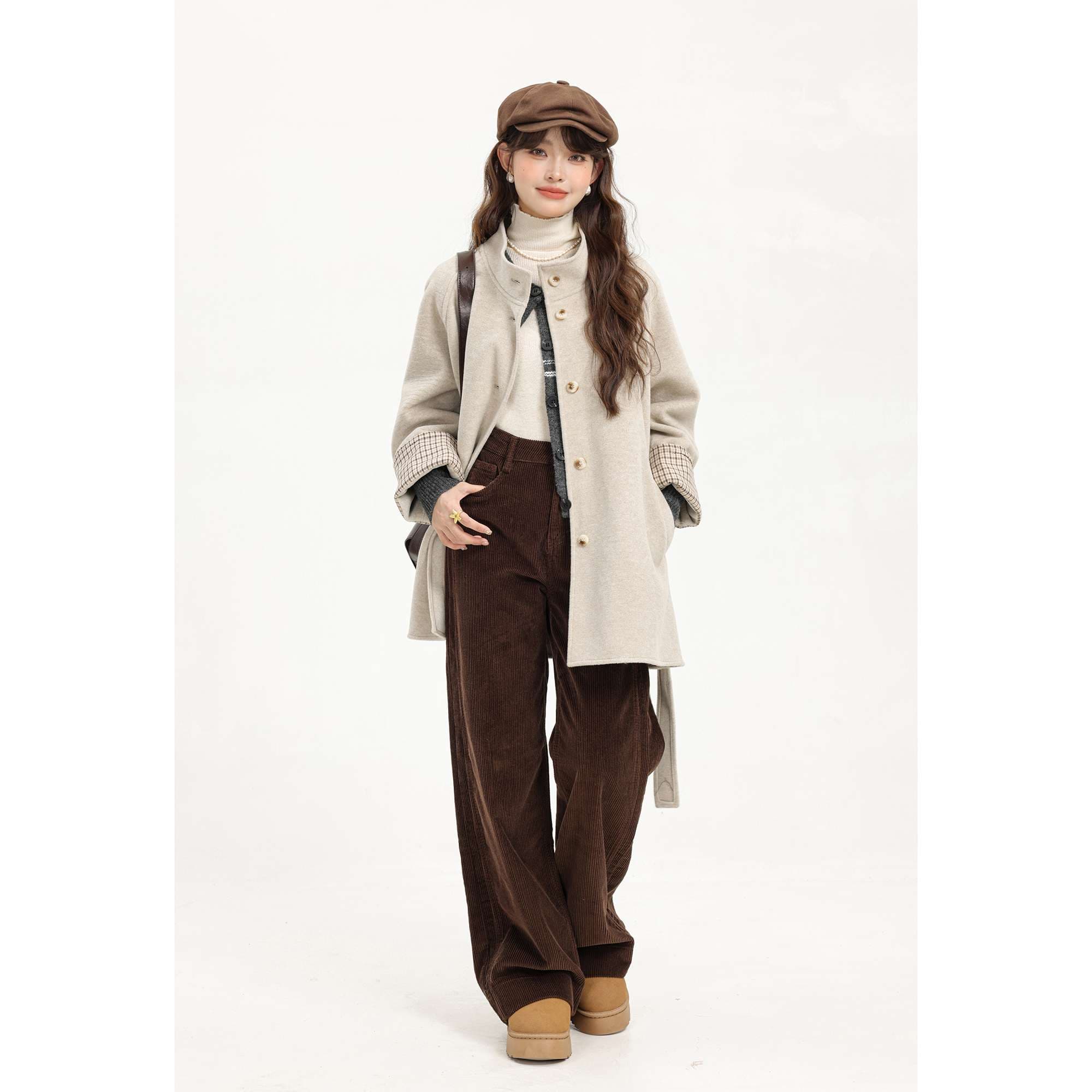 スタンドカラーベルト付きショートコート|デート服