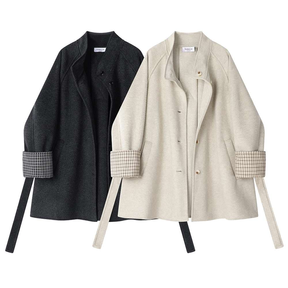 スタンドカラーベルト付きショートコート|デート服