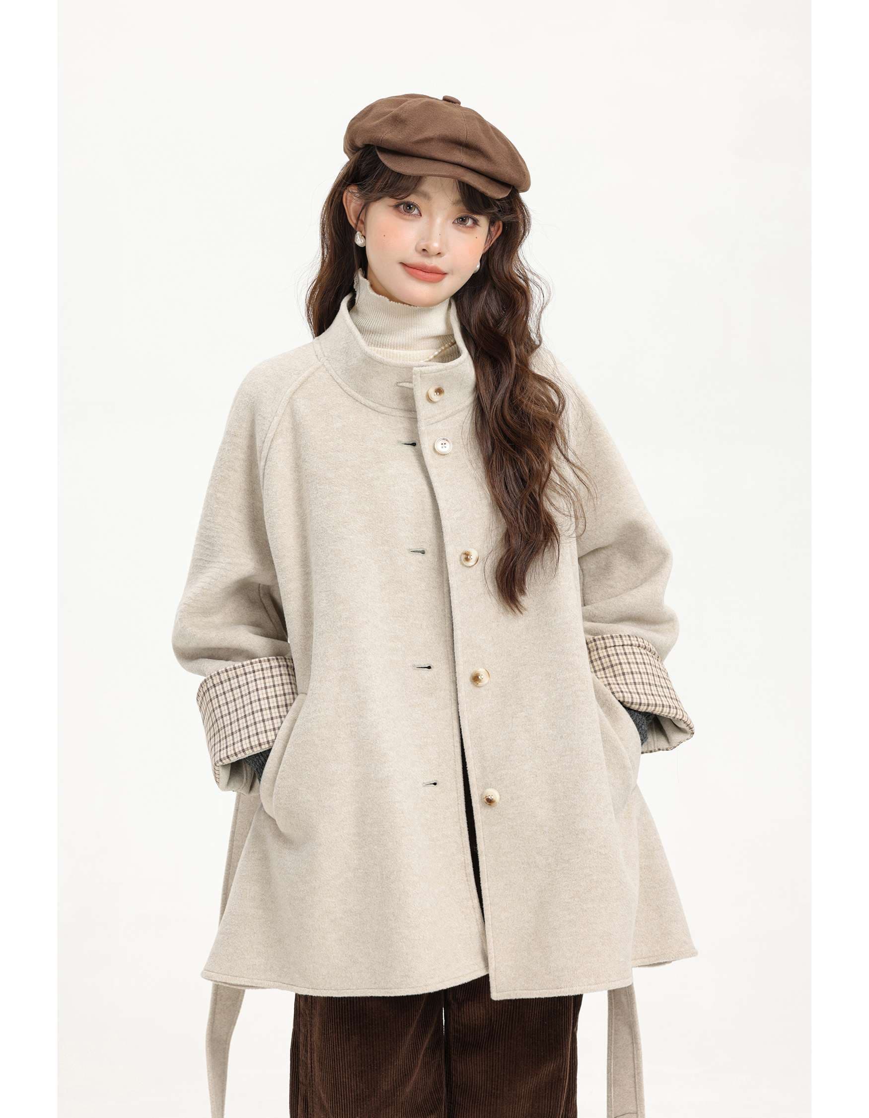 スタンドカラーベルト付きショートコート|デート服