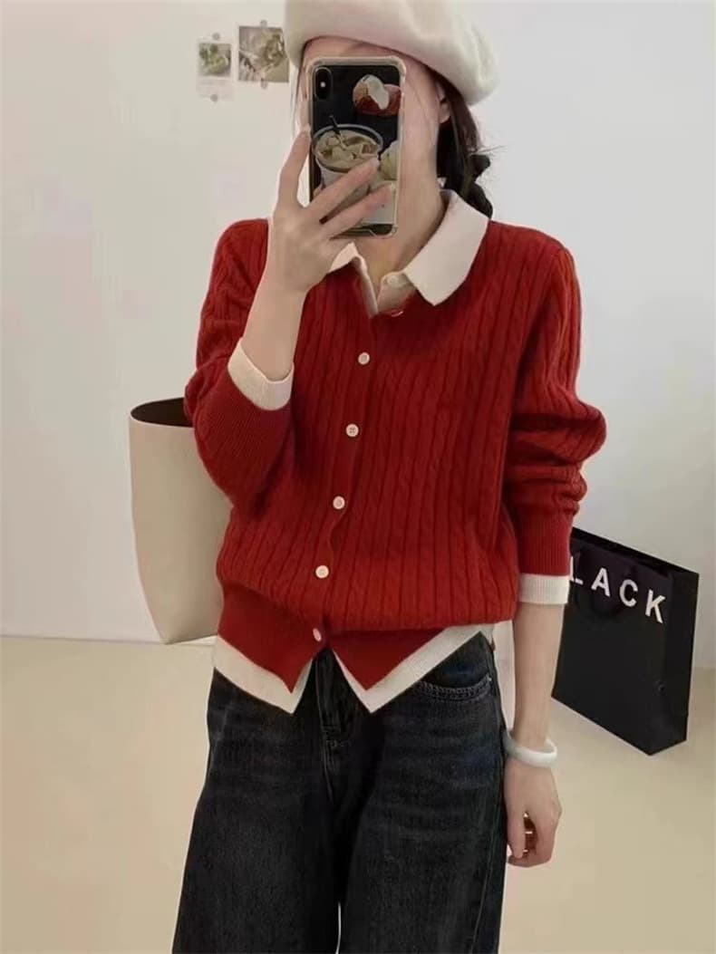 デート服おうちデート襟付きケーブル編みニットセーター重ね着風