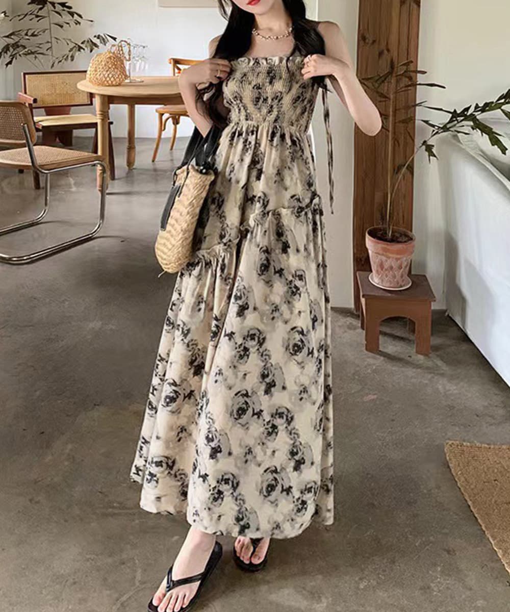 花柄シャーリング キャミロングワンピース