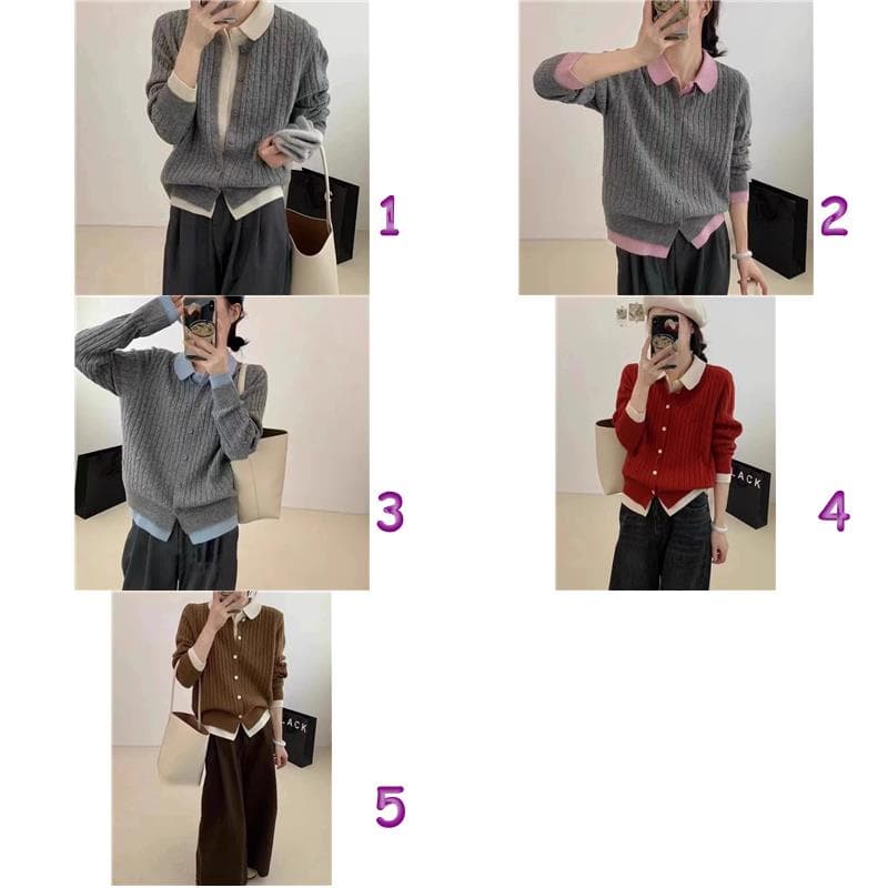 デート服おうちデート襟付きケーブル編みニットセーター重ね着風